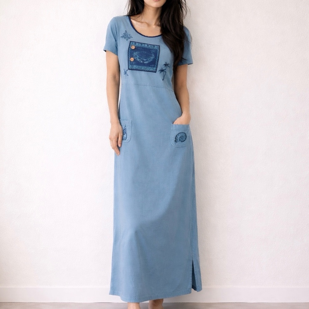 Vintage 90s Coastal Crab Embroidered Maxi Dress Small